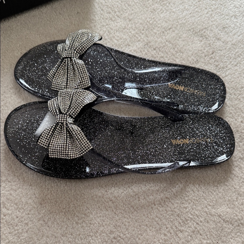 Fashion Nova Sparkling Black Sandals with Rhinestone Bow